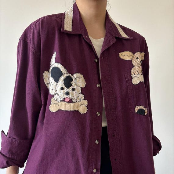 vintage blouse cotton button down shirt vintage top burgundy patched 90s retro vintage style embroidered dog puppy size L/2X View 3