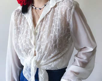 vintage blouse vintage shirt vintage top button down sheer blouse white floral embroidered minimalist capsule wardrobe Made in USA size S/M