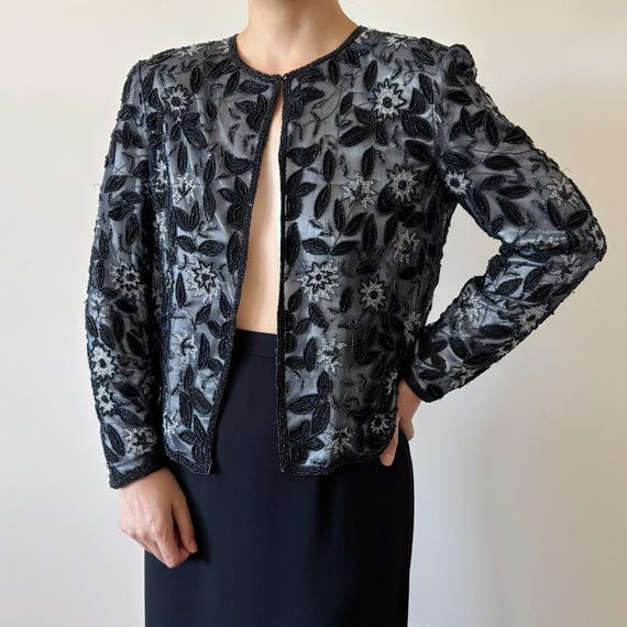 Vintage Beaded Top Floral Leaf Silk Cardigan Black Formal Evening  display picture 1
