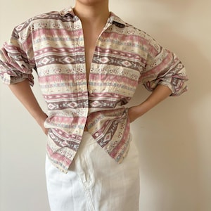 vintage blouse vintage shirt cotton button down pink beige tribal pattern boho hippie 90s retro vintage style asymmetrical size M