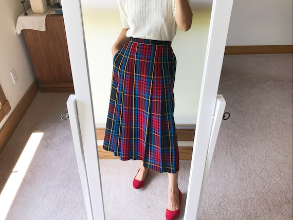 vintage wool skirt pleated skirt high waist midi skirt plaid skirt uniform skirt size S Made in USA John Meyer