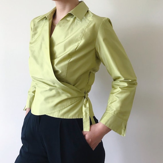 vintage silk blouse silk shirt green satin metall… - image 1