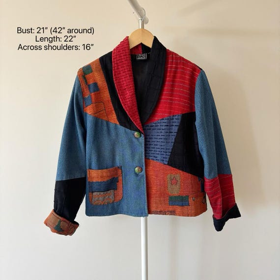 vintage jacket patchwork jacket denim blue red or… - image 4