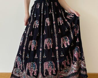 vintage skirt midi skirt maxi skirt 90s retro vintage style elephant animal print Indian black beaded sequin embroidered a line skirt