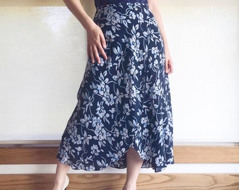 vintage silk skirt floral midi skirt minimalist maxi skirt wrapped shirt circle skirt dark blue navy blue size M