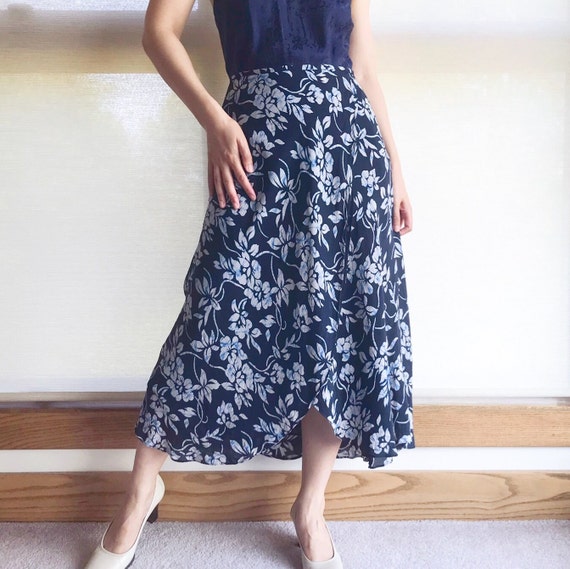 vintage silk skirt floral midi skirt minimalist m… - image 1