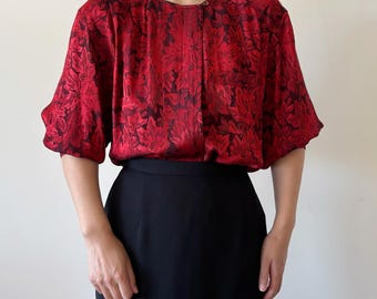 Vintage Bluse seidige Bluse Satin floral schwarz rot 80er Jahre Sekretärin Bluse Vintage Hemd 90er Jahre Retro Vintage Style minimalistisch Size L