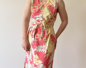 Vintage Seidenkleid Blumenkleid Wickelkleid Tommy Bahama Kleid Ananas Tropisch Urlaub Strand Midikleid Größe S/M