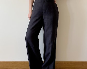 vintage linen pants black relaxed pants high waist vintage culottes wide leg pants minimalist 90s retro vintage style size 8