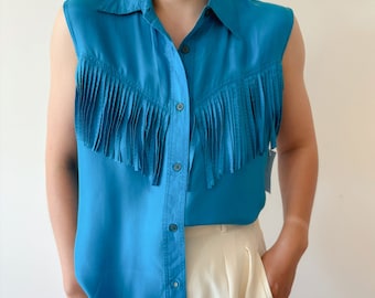 vintage silk blouse tassel shirt silk top sleeveless sage green olive green cowboy style minimalist capsule wardrobe deadstock NWT size M