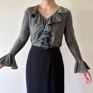 vintage ruffle blouse metallic blouse poet blouse shirt ruffle cuff blouse romantic cropped top Made in USA size XS/S