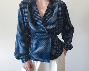 vintage silk blouse silk blazer silk shirt silk top double chested button down minimalist blue office wear classic fitted shirt size M