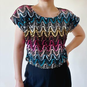 Vintage pailletten Bluse kurzes lockeres Kurzarm T-Shirt Kordel Korsett Perlen Pailletten Tanzkleid Vintage Kurzarm