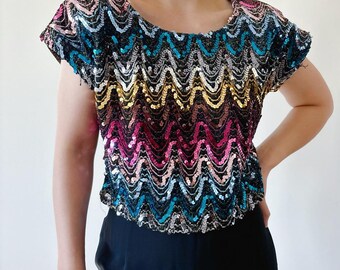 Blusa vintage de lentejuelas, camisa corta estilo cuadrado con cuentas, ideal para cóctel, baile, cita nocturna, brillante, hecha en EE. UU., manga corta, talla S