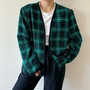 vintage blazer wool blazer textured plaid houndstooth black green boxy blazer classic design 80s retro style tartan vintage jacket size L