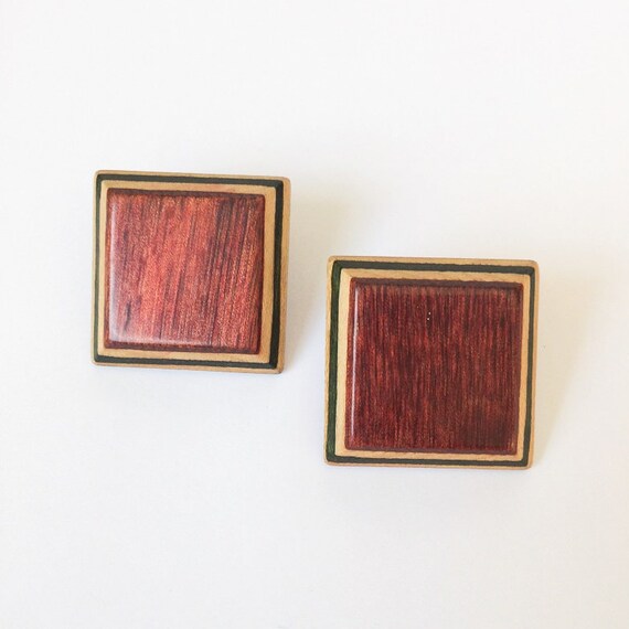 vintage wooden earrings wooden square wooden stud… - image 1