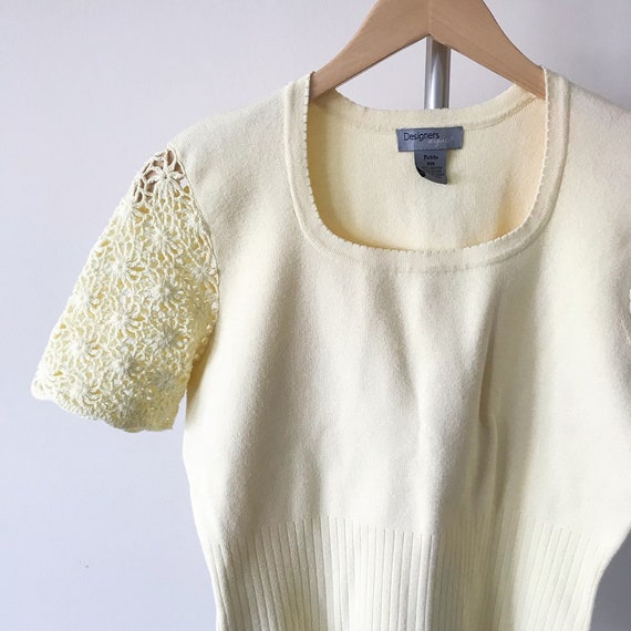 vintage knit top crochet shirt cotton light yello… - image 10