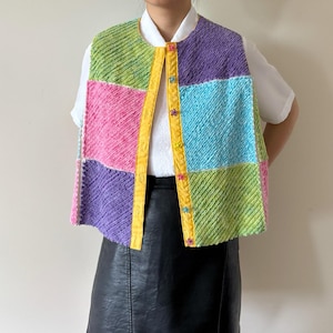 vintage vest handmade patched work rainbow color sleeveless floral pink blue green yellow textured cotton size M/PL