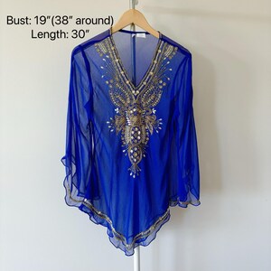 vintage blouse sheer blouse vintage tunic beaded sequin Indian floral blue gold v neck asymmetrical vintage shirt exotic size S/M image 4