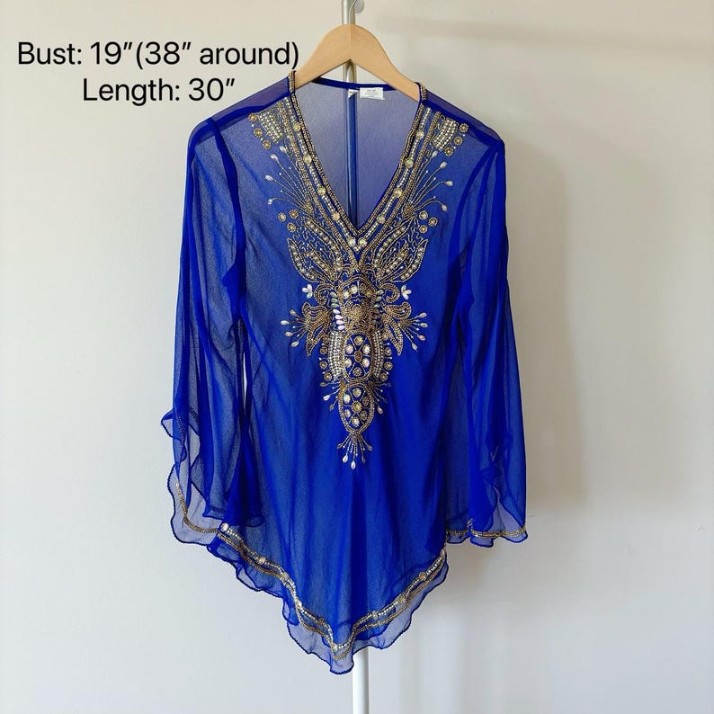 vintage blouse sheer blouse vintage tunic beaded sequin Indian floral blue gold v neck asymmetrical vintage shirt exotic size S/M image 4