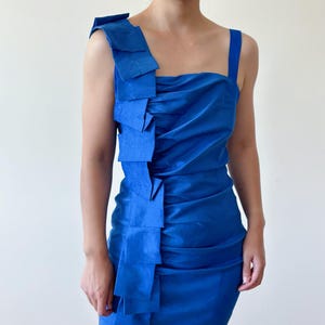 vintage dress mini dress formal dress asymmetrical dress midi dress wrinkled textured cocktail party date royal blue cobalt blue size S