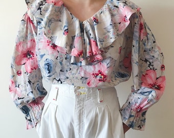 Blusa vintage de poeta, blusa con volantes, camisa extragrande, blusa floral rosa rubor azul, manga abullonada, camisa romántica de algodón estilo retro de los años 80, talla M/L