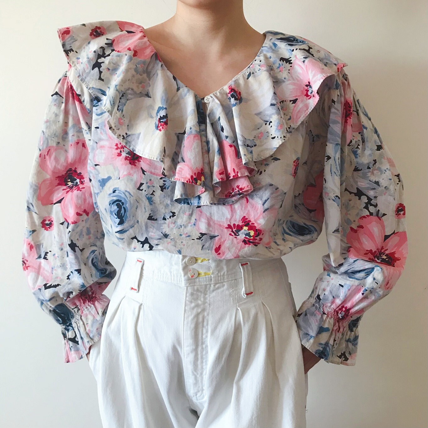トップス vintage FlowerPrint Ruffle Collar Blouse Vintage Poet Blouse Ruffle Blouse Oversized Shirt Floral