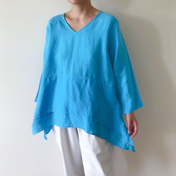 vintage linen blouse asymmetrical blue linen mini… - image 1