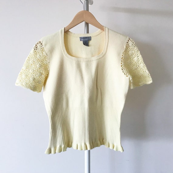 vintage knit top crochet shirt cotton light yello… - image 7