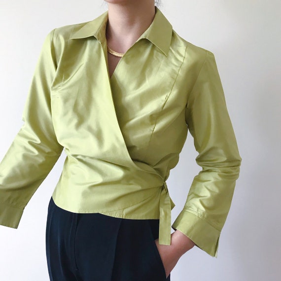 vintage silk blouse silk shirt green satin metall… - image 3