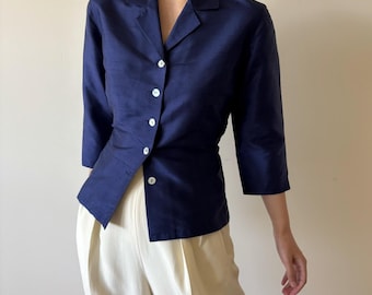 Vintage Seidenbluse Button Down Seidenhemd Seidentop Vintage Stil Blau Minimalist Capsule Garderobe 90s Retro Style Satin Charmeuse Größe M