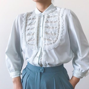 vintage blouse vintage shirt vintage top lace ruffle eyelet baby blue lace blouse peter pan collar nylon size S/M