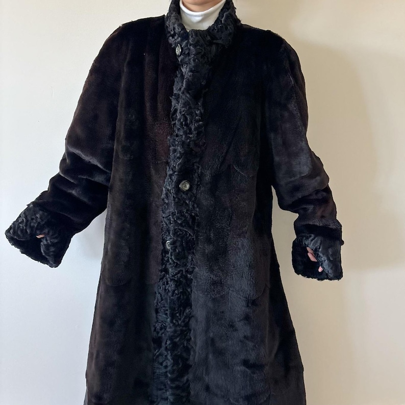 May include: A long, dark brown coat featuring a plush, smooth texture on the main body and a contrasting, curly, textured trim along the front button placket, collar, and sleeve cuffs. The coat is fastened with visible dark buttons down the center.