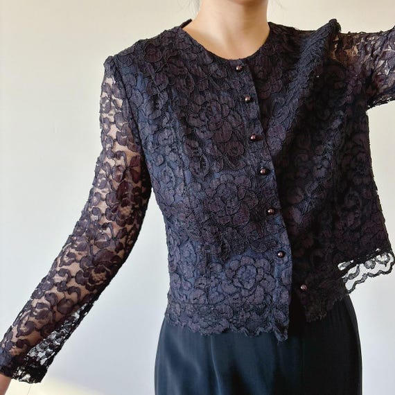Vintage Lace Blouse Eyelet Blouse Black Shirt Cropped Boxy