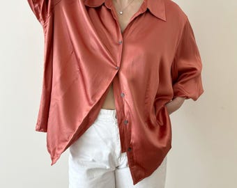 Vintage Silk Blouse Silk Shirt Green Satin Metallic Silk Top