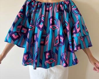 vintage blouse vintage shirt vintage top cotton blue pink purple ruffle geometrical 90s retro vintage style hippie boho peasant blouse