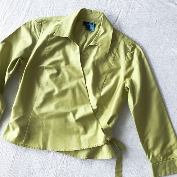 vintage silk blouse silk shirt green satin metall… - image 6