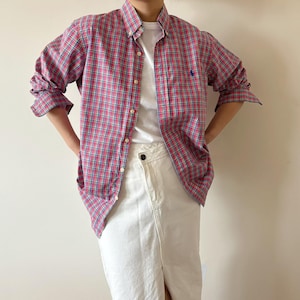 vintage blouse button down shirt vintage style oversize boyfriend style plaid oxford shirt men&#39;s shirt 90s Ralph Lauren vintage shirt size M