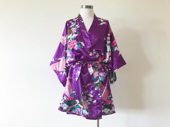 vintage silky robe peacock Japanese style silky k… - image 4