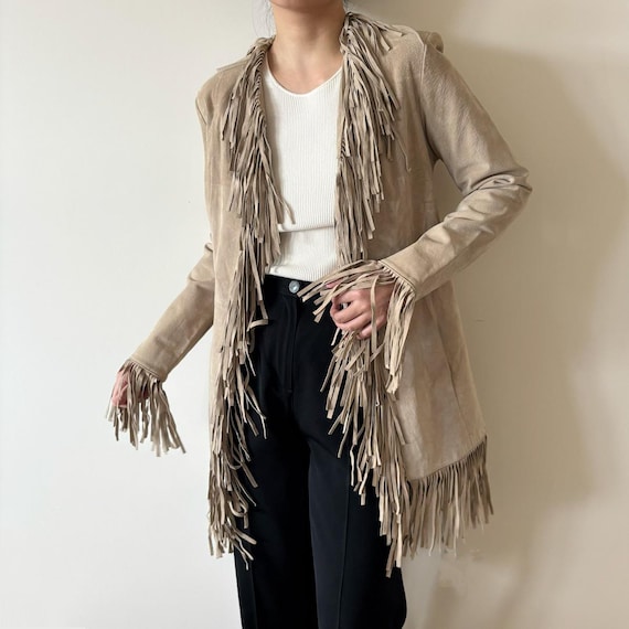 vintage jacket fringe suede jacket leather jacket suede jacket 90s retro vintage style leather coat suede coat trench coat size S