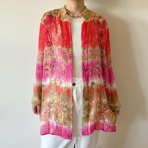 vintage silk blouse Y2K Laura Ashley silk shirt silk top floral button down blouse pink orange beaded 90s retro style tropical size S/M