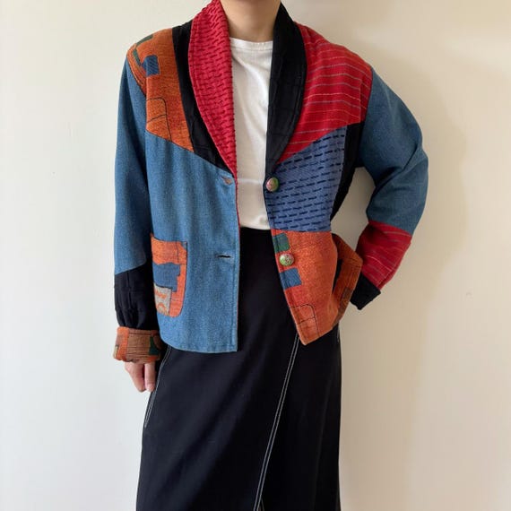 vintage jacket patchwork jacket denim blue red or… - image 3