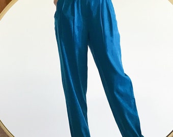 vintage silk pants J Peterman silk slacks silk trousers minimalist high waist pleated pants blue pencil pants straight pants turquoise