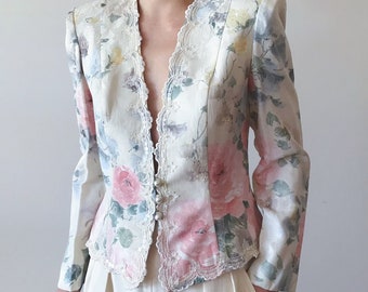 vintage blazer floral blazer vintage jacket classic fit lace cream pink tea party 80s retro style short jacket Made in USA size S