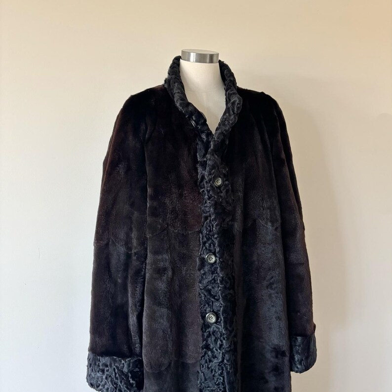 May include: A dark brown coat featuring a textured, curly fur-like trim along the front placket, collar, and sleeve cuffs. The coat has a smooth, solid dark brown body and is fastened with three visible buttons down the center front.