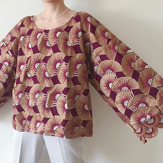 vintage blouse statement blouse tribal fan pattern abstract vintage shirt vintage tunic vintage top wine color size XL/XXL/XXXL