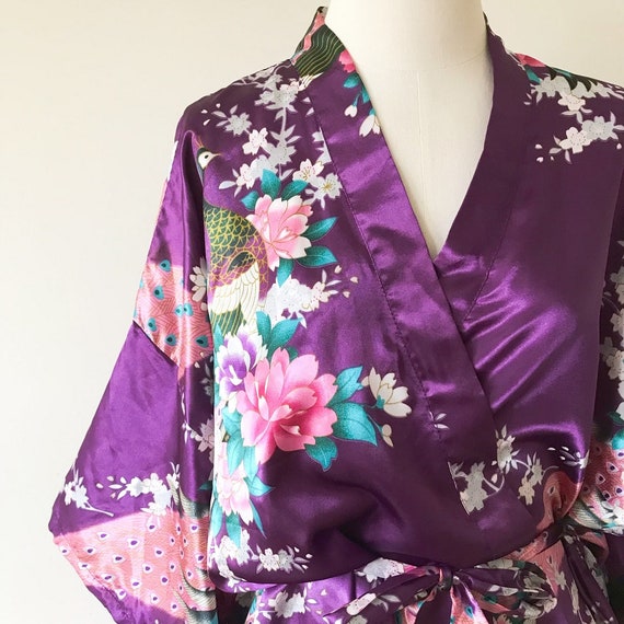 vintage silky robe peacock Japanese style silky k… - image 6