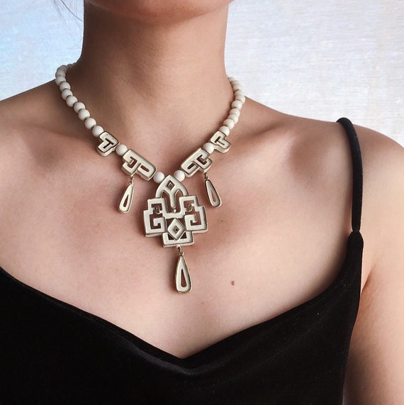 vintage necklace statement necklace white necklac… - image 1