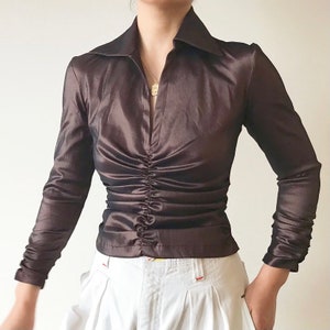 vintage blouse Tadashi vintage shirt vintage top brown metallic satin wrinkled design minimalist Made in USA size XS/S