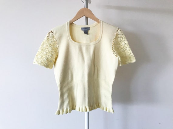 vintage knit top crochet shirt cotton light yello… - image 6